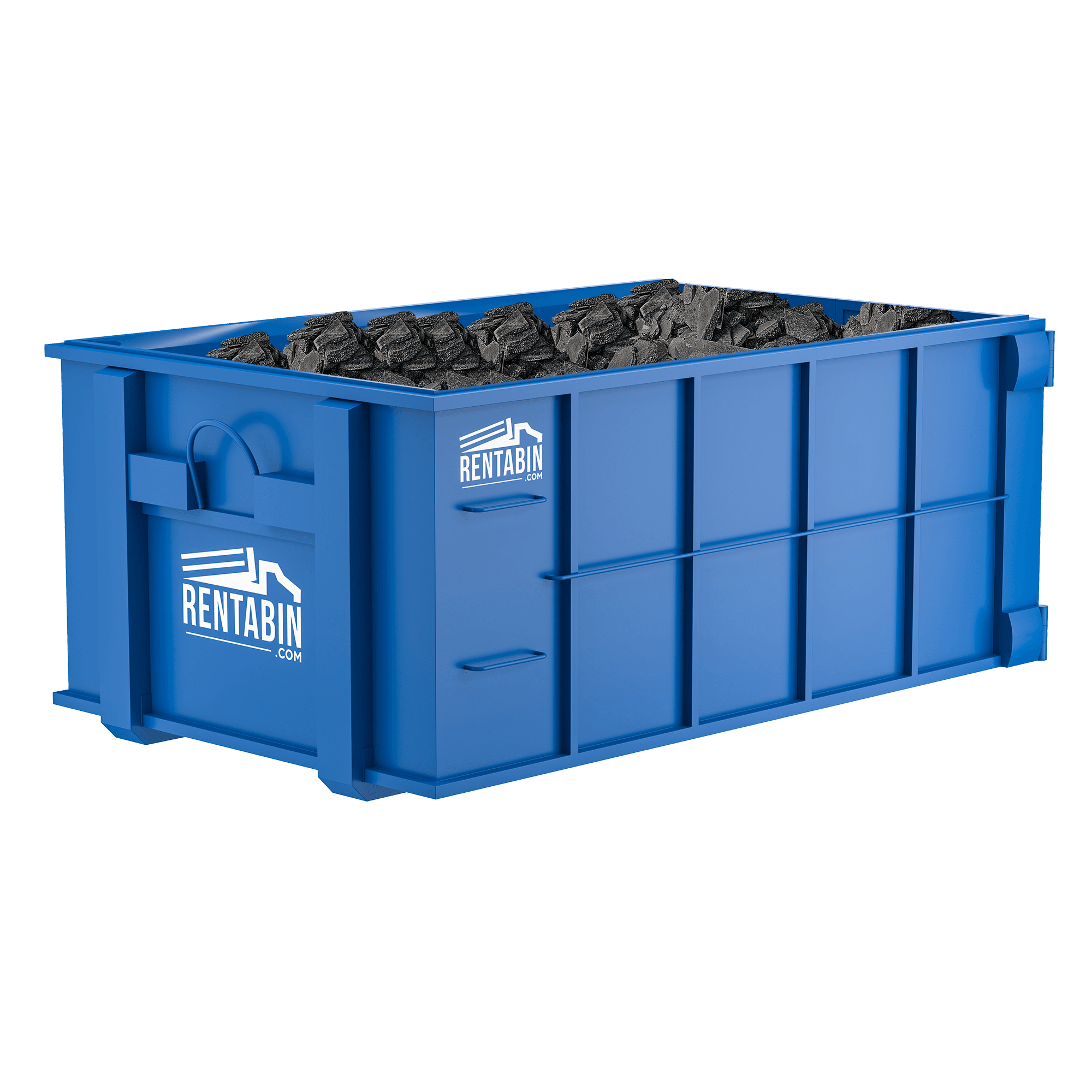a blue disposal bin with asphalt