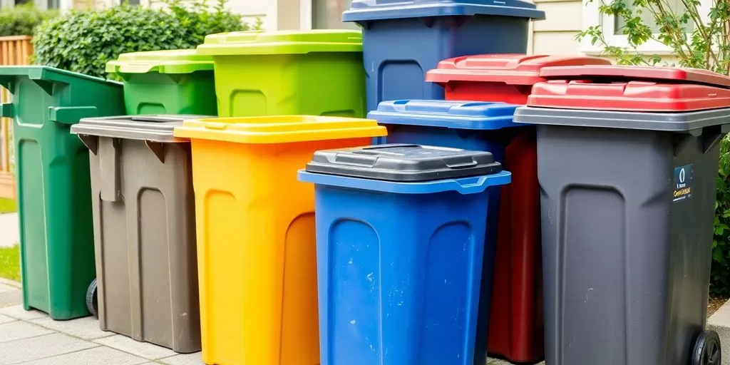 Various-sized trash bins next to a house