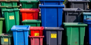 Various construction bins stacked