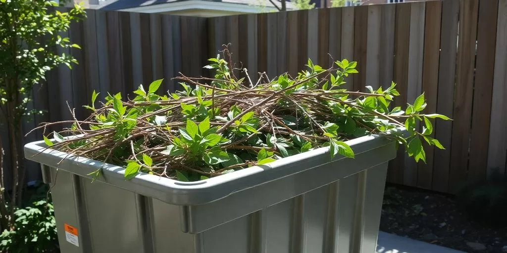 Large outdoor bin filled with trimmed branches and leaves for disposal

