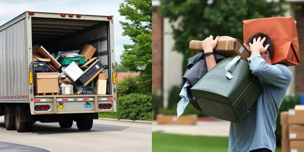 Man lifting trash for haul away versus a crew handling trash haul away smoothly