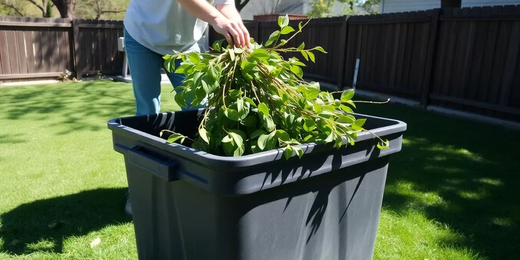 Person placing yard waste branches into a black bin during Toronto clean-up

