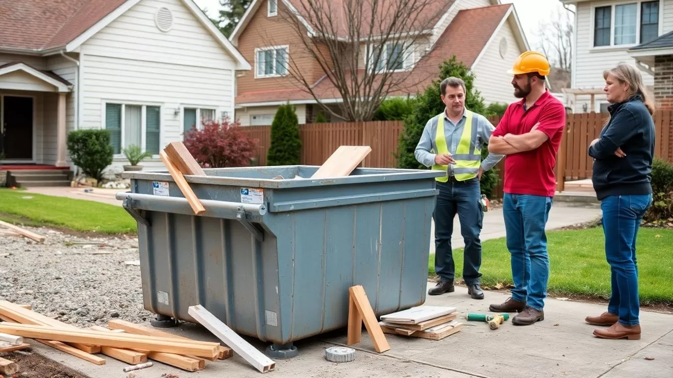 People are discussing near a renovation bin in the driveway.