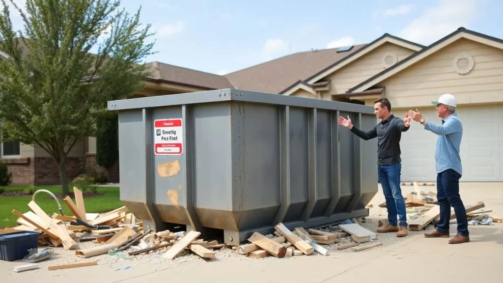 Home driveway with a construction dumpster and people in disagreement.