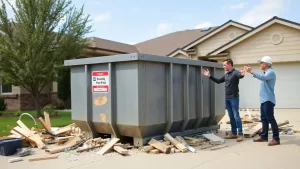 Home driveway with a construction dumpster and people in disagreement.