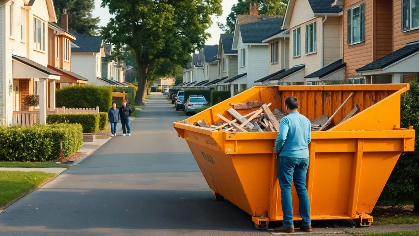 Home renovation with a dumpster bin and people discussing outside.
