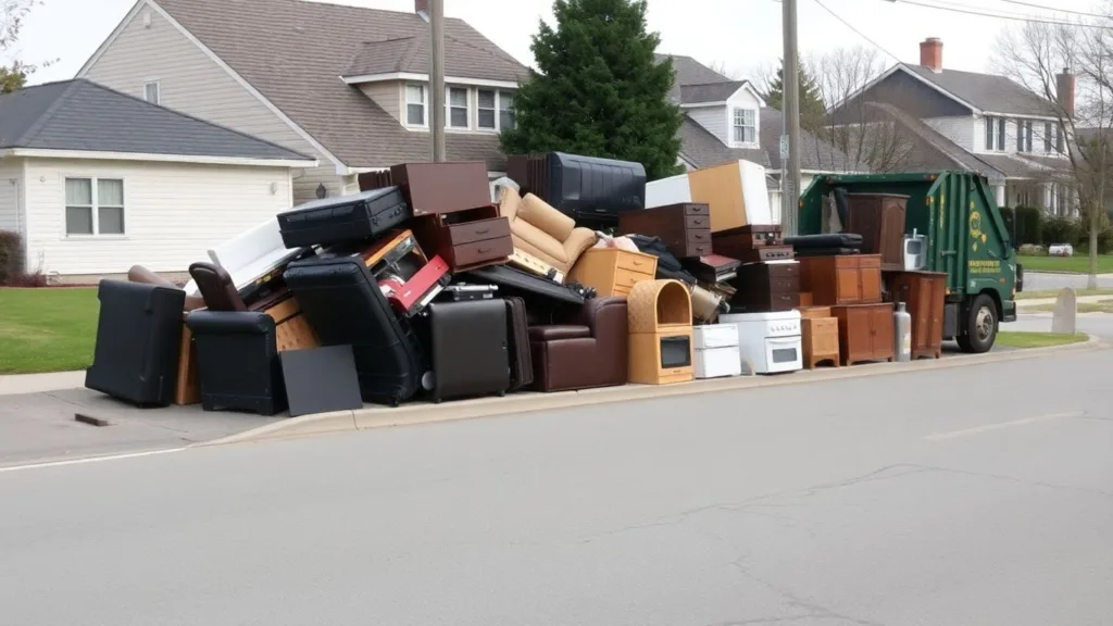 Garbage truck collecting large items from a curbside pile.