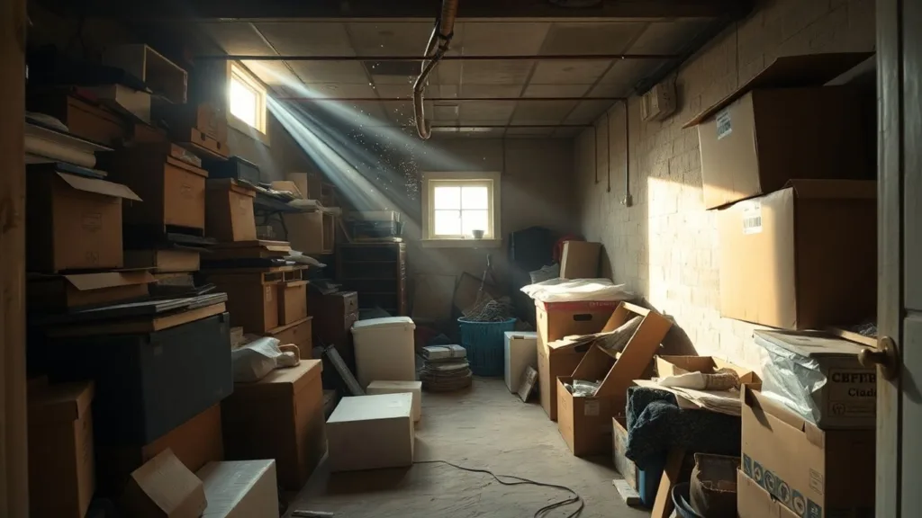Cluttered Toronto basement ready for cleanout.