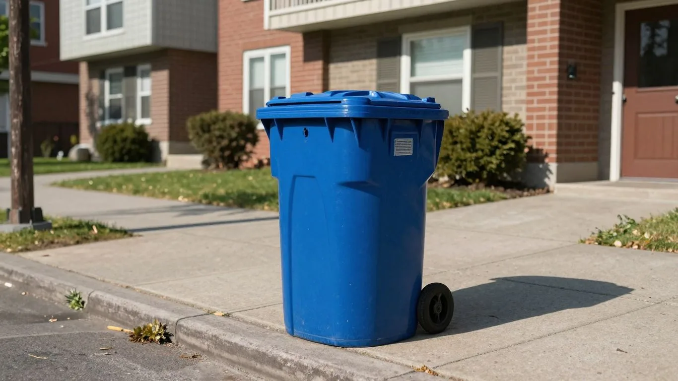 Toronto street with a blue waste bin and residential building.