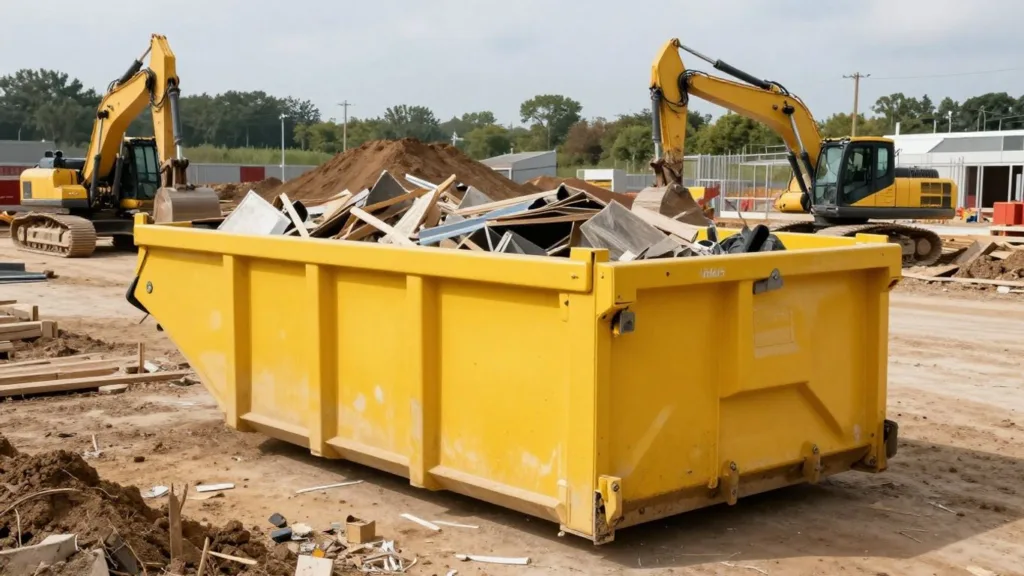 Roll off dumpster at a busy construction site.