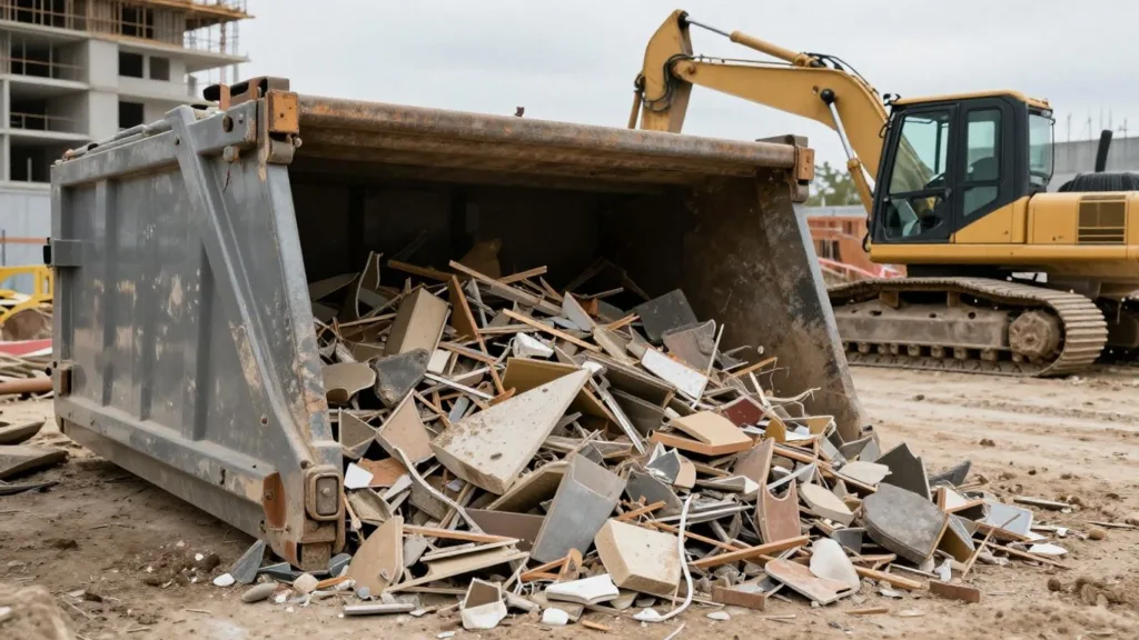 Roll off dumpster rental at a construction site filled with debris and building materials